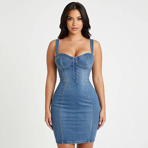 Photograph of a curvy woman with long black hair, wearing a fitted, blue denim dress with a sweetheart neckline, standing against a white background.