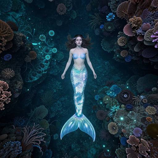 Digital artwork of a glowing, mermaid with shimmering silver scales and long brown hair, floating amidst vibrant, bioluminescent coral and sea creatures