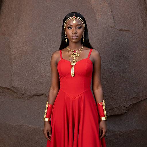 Photograph of an African woman with dark skin, wearing a red dress, gold jewelry, and headpiece, standing against a rocky background.