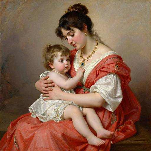 Digital painting of a fair-skinned woman with dark hair in a bun, wearing a red and white dress, holding a blonde toddler in a white dress