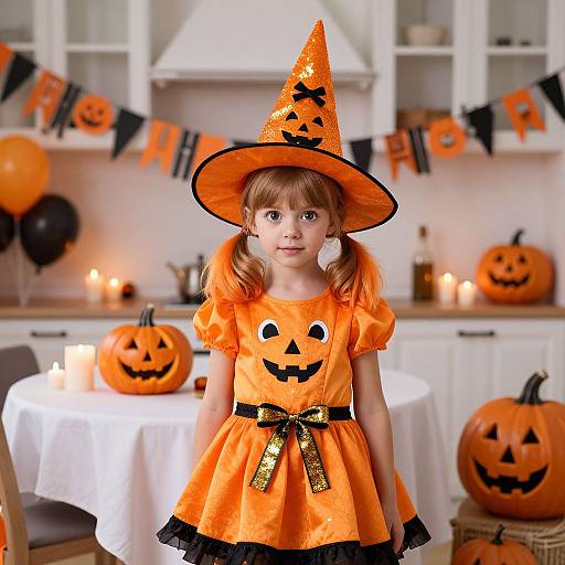 Photograph of a young girl in an orange Halloween dress and witch hat, standing in a kitchen with jack-o'-lanterns and 