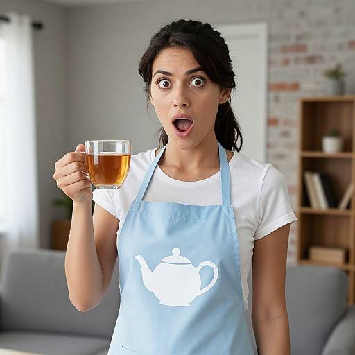 Photograph of a surprised woman with dark hair, wearing a white t-shirt and light blue apron with a teapot design, holding a glass of
