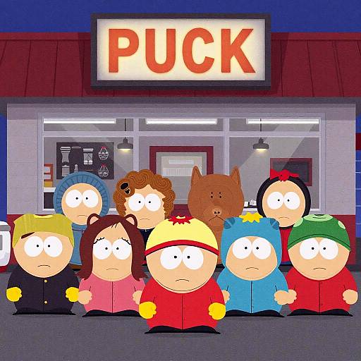 Cartoon-style image of eight simple, round-headed children in winter clothes standing in front of a 