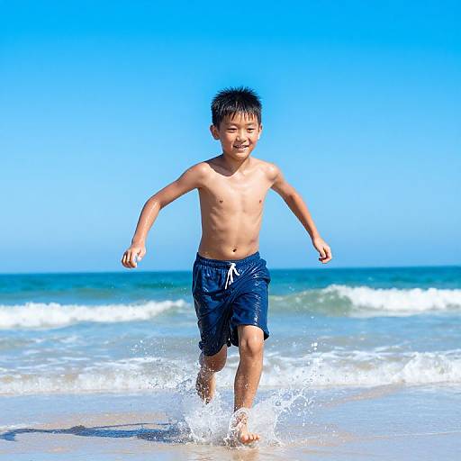 Shirtless Asian boy with short black hair, wearing blue swim trunks, joyfully runs through ocean waves on sunny beach.