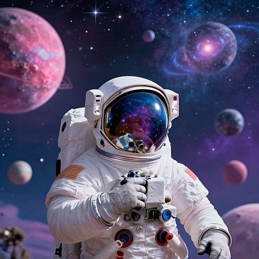 Photorealistic digital image of an astronaut in a white spacesuit with a reflective helmet, against a vibrant cosmic background with colorful planets and stars.