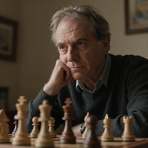 Photograph of an elderly man with gray hair, deep wrinkles, and intense expression, playing chess in a dimly lit room.