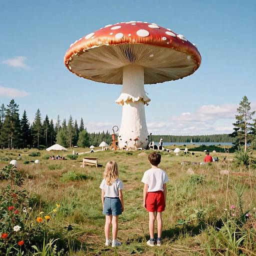 Photograph of two children, one in white shirt and denim shorts, one in white shirt and red shorts, facing giant red-and-white-spotted mushroom
