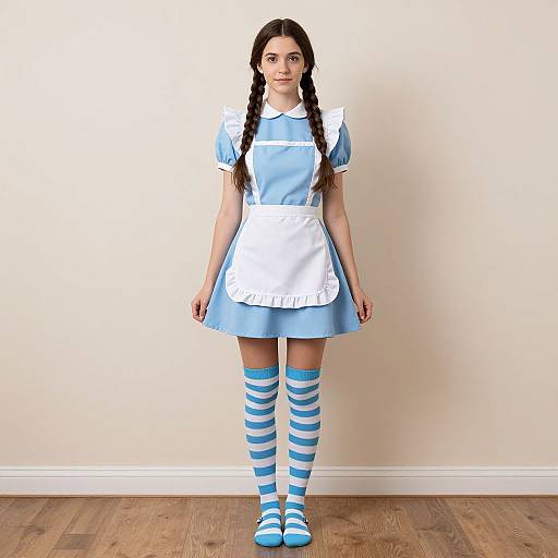 Photograph of a young woman with long brown braids, wearing a light blue Alice in Wonderland-style dress with white apron, and blue-striped knee