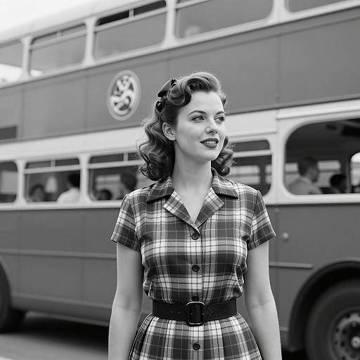 Elegant 1940s Woman by Double-Decker Bus