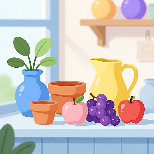 Vibrant Cartoon Pottery and Fruit