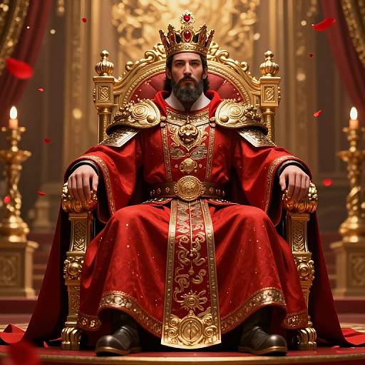 Photorealistic digital art of a bearded king with a crown, wearing an ornate red and gold royal robe, sitting on a lavish golden throne