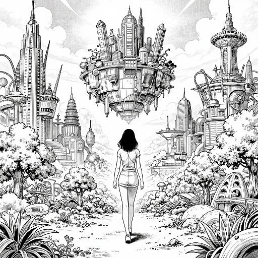 Black-and-white manga-style drawing of a woman with long black hair, back facing, standing in front of a whimsical, floating castle city surrounded by