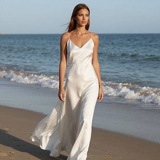 Photograph of a slender woman with long brown hair, wearing a flowing white spaghetti-strap dress, walking on a sunny beach with gentle waves in the