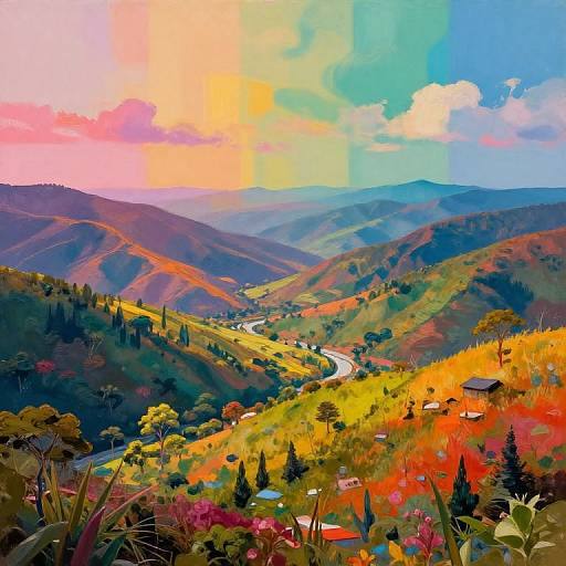 Vibrant digital painting of a winding river valley with colorful hills, scattered houses, and a bright, multicolored sunset sky.