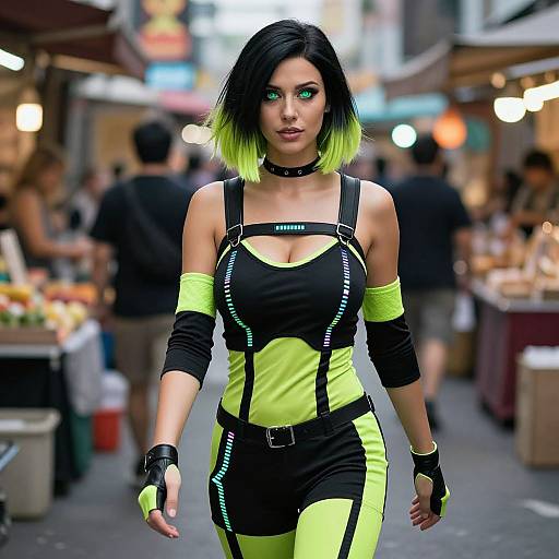 CGI image of a striking woman with black and neon green hair, wearing black and neon green tactical outfit, black gloves, and choker, walking