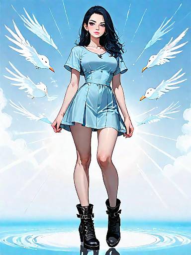 Stylish Woman with Seagulls in Blue Dress