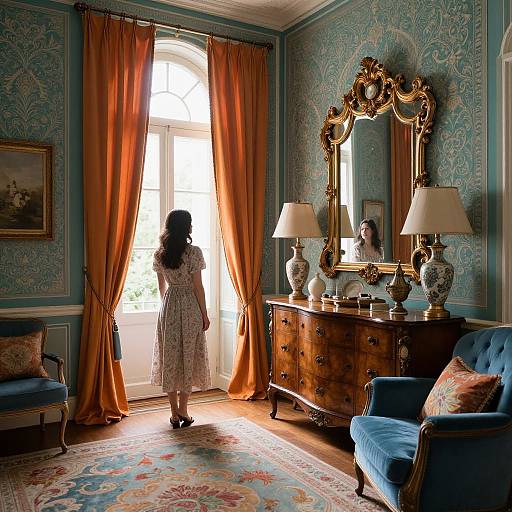 Photograph of a woman in a floral dress standing at a sunlit window, surrounded by ornate gold mirror, blue armchairs, and rich