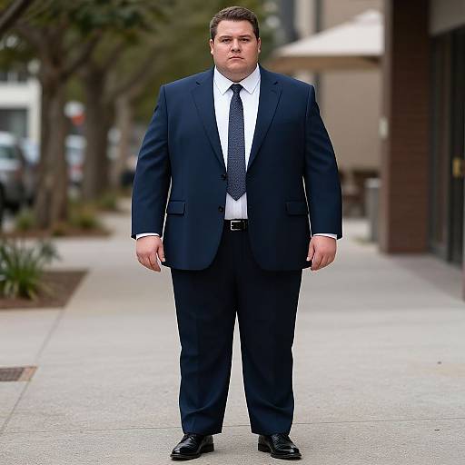 Photograph of a large, heavyset man in a navy suit, white shirt, and tie, standing confidently on a city sidewalk.