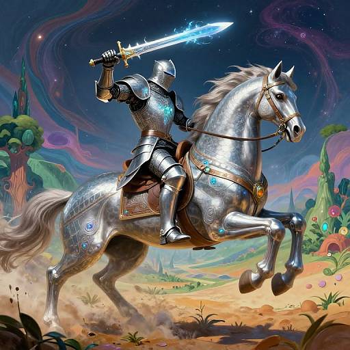 Digital art: A silver-armored knight with a glowing sword rides a silver, ornate horse through a vibrant, fantastical landscape under a starry