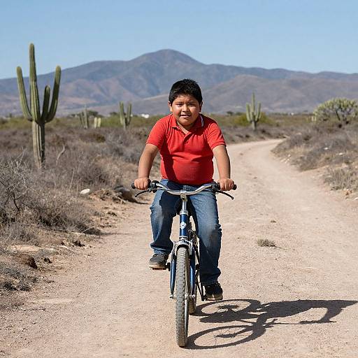 Photograph of a young boy with short black hair, wearing a red shirt and blue jeans, riding a bicycle on a desert road with cacti