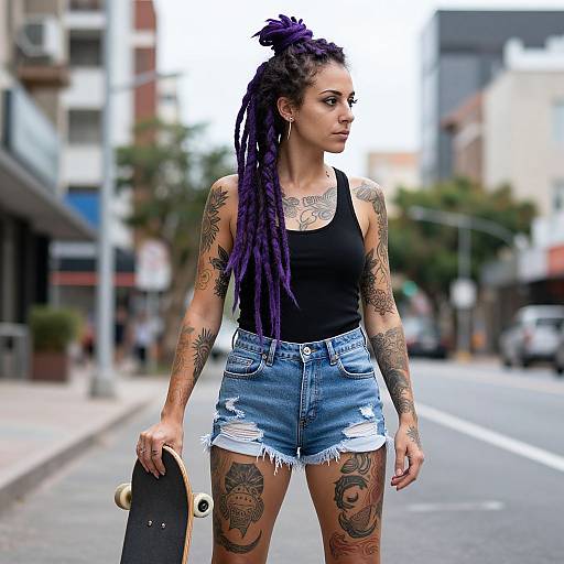 Tattooed Woman with Skateboard in Urban Street