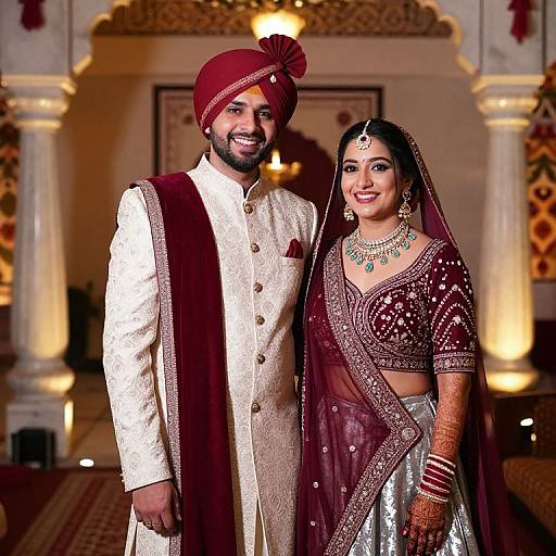 Photograph of a smiling Indian couple in traditional wedding attire; groom in white sherwani and maroon turban, bride in maroon and silver