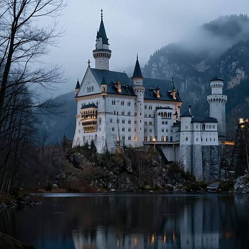 Photograph of Neuschwanstein Castle at dusk, illuminated windows, surrounded by misty mountains, reflecting in a calm lake, bare trees in foreground