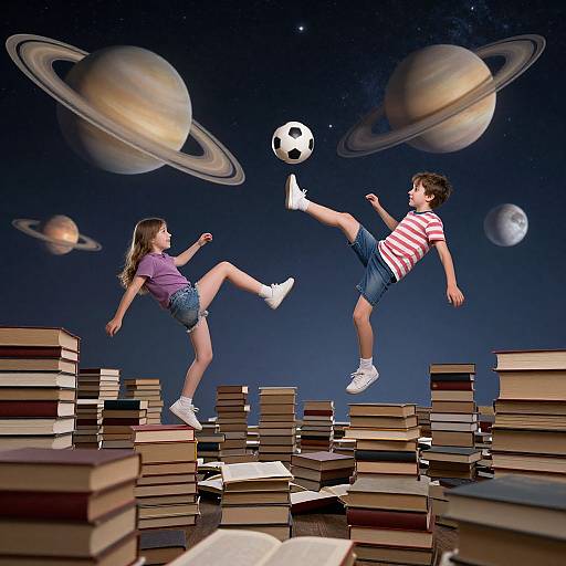 Photograph of two children, girl in purple shirt, boy in red striped shirt, mid-jump on stacks of books, soccer ball, against a
