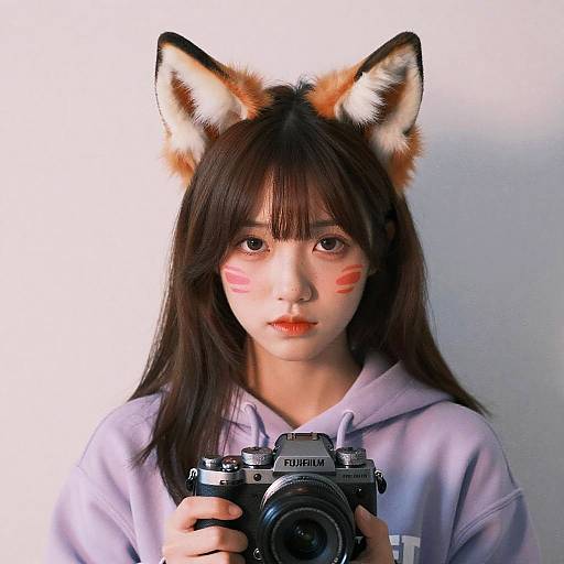 Photograph of an Asian woman with fox ears, wearing a lavender hoodie, holding a camera, and having red face paint stripes. White background.