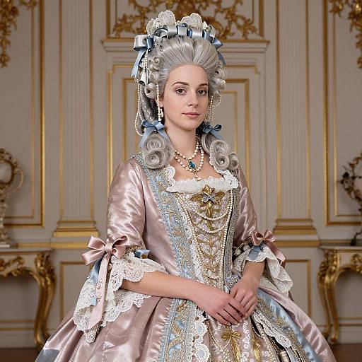 Digital portrait of a regal woman in an elaborate 18th-century pink and silver satin gown with lace, blue ribbons, and ornate jewelry