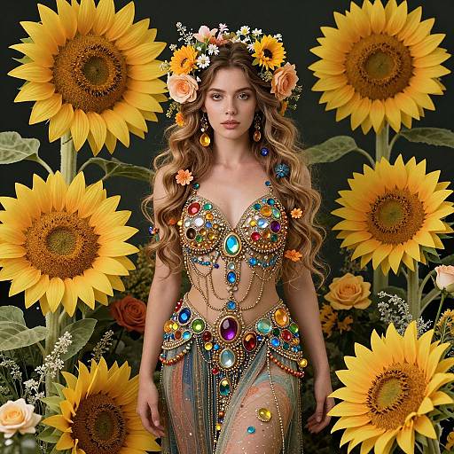 Photograph-like digital artwork of a beautiful woman with long wavy brown hair, adorned with colorful flowers and jewelry, wearing a vibrant, beaded sun