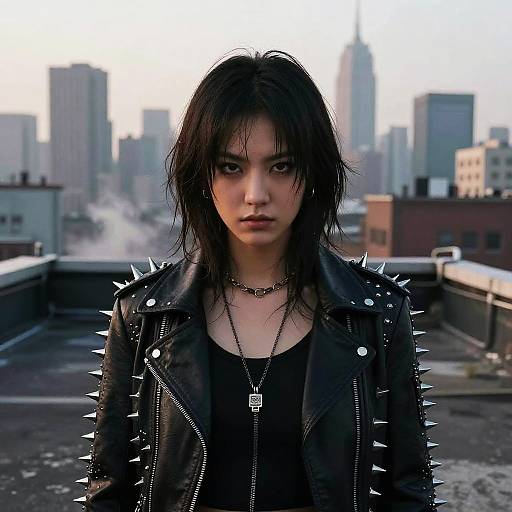 Dawn Punk Woman on Foggy Rooftop