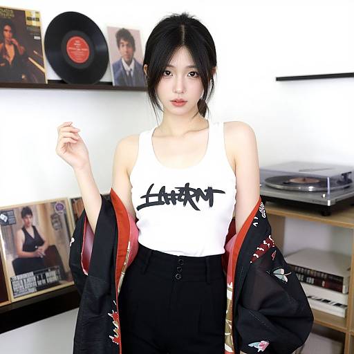 Asian woman with black hair, wearing white tank top with black Japanese text, black high-waisted pants, and floral kimono, stands in retro