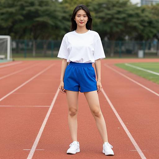 Photograph of an Asian woman with long black hair, wearing a white t-shirt, blue shorts, and white sneakers, standing on a red track with