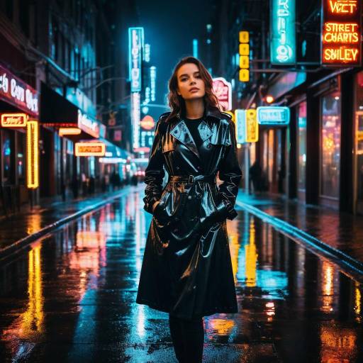 Confident Woman in Black Trench Coat on Neon-Lit Wet Street