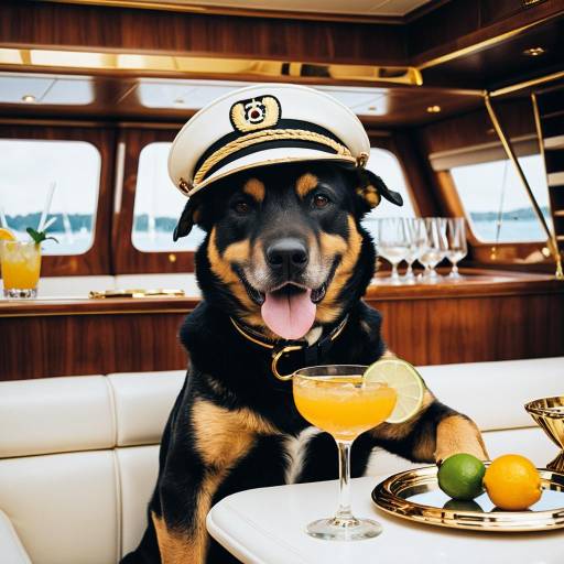 Dog in Captain's Hat on Yacht with Cocktail