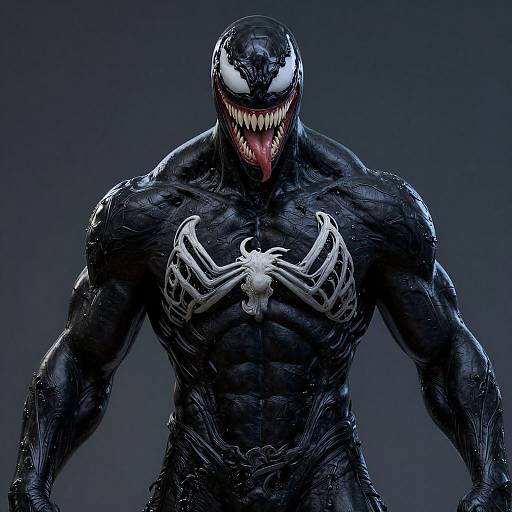 Photorealistic CGI of Venom, a muscular, black-skinned alien with white spider emblem, large white eyes, and wide, sharp-toothed