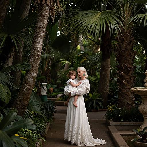 Photograph of a blonde woman in a white lace wedding dress, holding a young boy, standing in a lush, tropical garden.