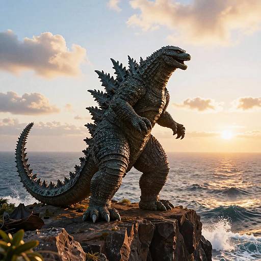 Digital artwork of a giant, textured Godzilla standing on a rocky cliff at sunset, overlooking a stormy ocean with waves crashing below.