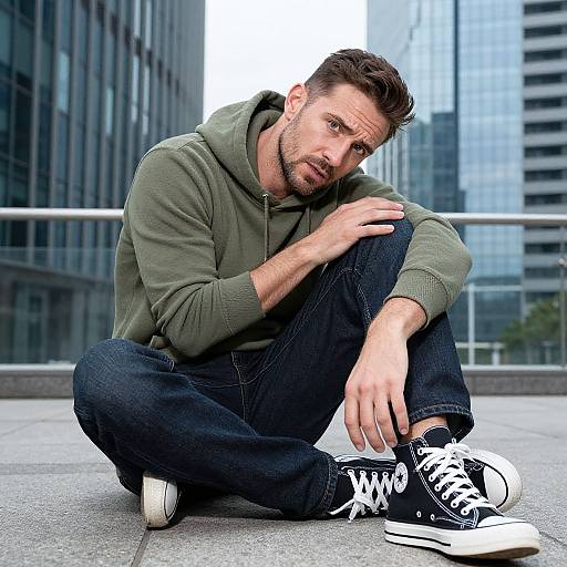 Photograph of a handsome, bearded man with short brown hair, wearing an olive-green hoodie, black jeans, and black sneakers, sitting on a