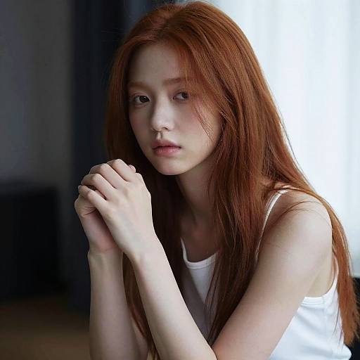 Photograph of a pale, red-haired Asian woman with long hair, wearing a white tank top, hands clasped, looking serious against a bright white