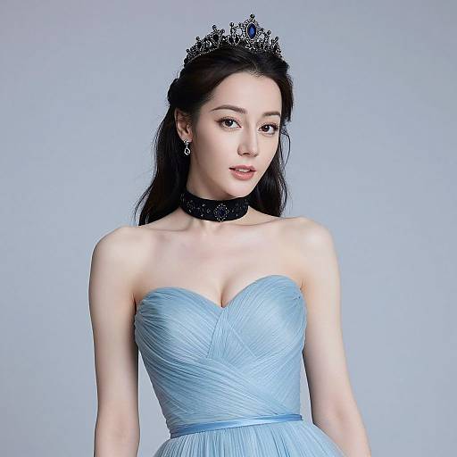 Photograph of a fair-skinned woman with long black hair, wearing a strapless blue gown, black choker, and silver tiara, against
