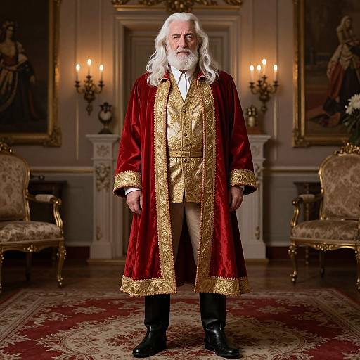 Distinguished Elderly Man in Regal Red and Gold Coat