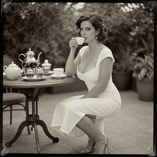 Black-and-white photograph of a curvy woman with dark hair, wearing a low-cut white dress, sipping tea at a garden table.