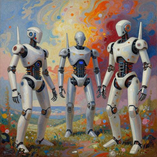 Digital painting of three white, humanoid robots with blue accents standing in a vibrant, abstract landscape with swirling colors and wildflowers.
