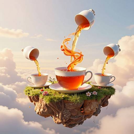 Digital artwork of a floating rock island with teacups and teapot pouring steaming tea, surrounded by clouds and flowers.