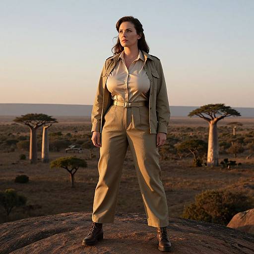 Photograph of a confident woman in tan safari outfit, standing on rocky outcrop at sunset, with acacia trees in African savanna background.