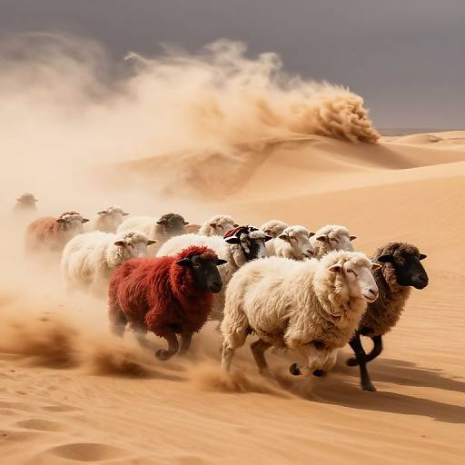 Photograph of a flock of sheep, including one red sheep, racing through a sandy desert with a cloud of dust trailing behind them.