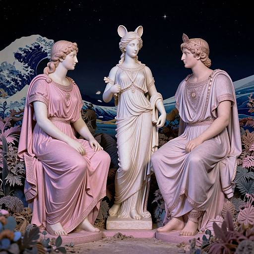 Photograph of three classical-style marble statues in pink robes, with a central white statue of a winged woman, surrounded by foliage under a starry