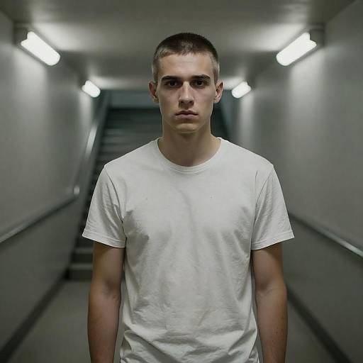 Serious Young Man in Dimly Lit Corridor